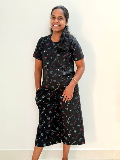 Women's 3/4 th Palazzo coord set - Dark butterflies