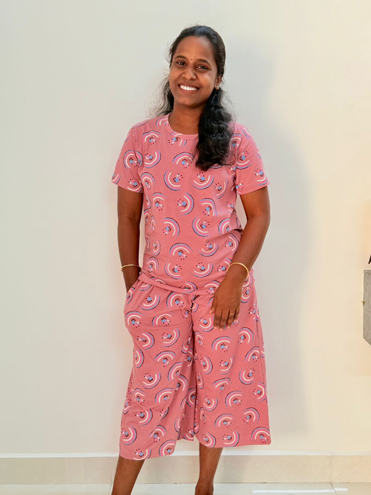 Premium Women's 3/4 th Palazzo coord set - Pink pattas