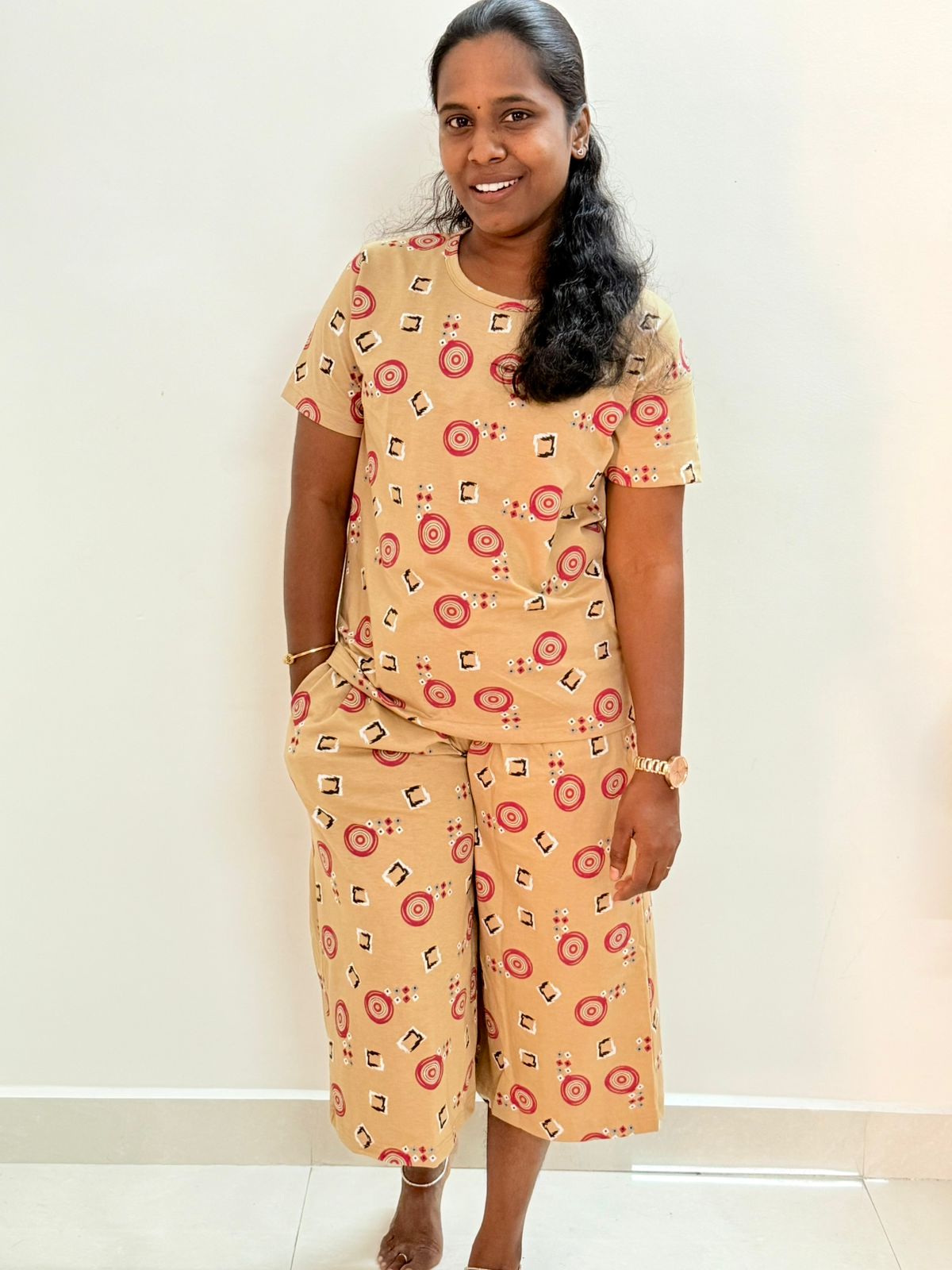 Women's 3/4 th Palazzo coord set - Beige Red pops