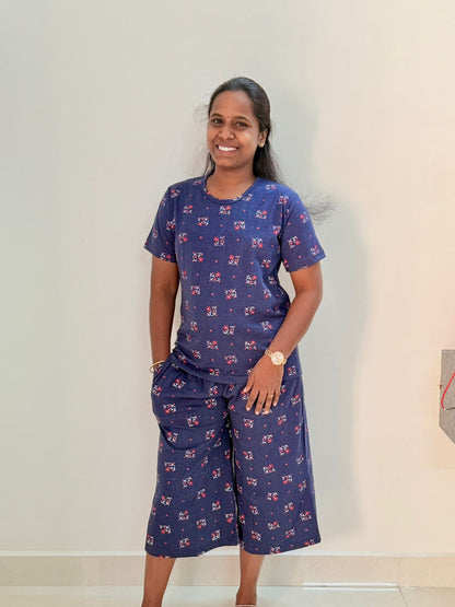 Women's 3/4 th Palazzo coord set - Navy zig