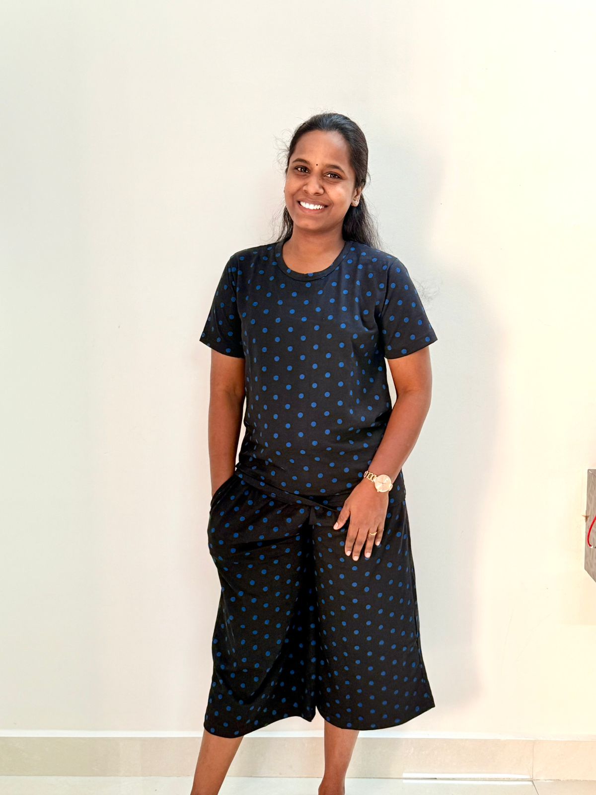 Women's 3/4 th Palazzo coord set - Black dots