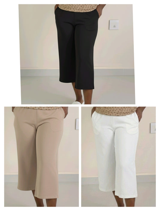Calf length - Super saver combo pack of 3 Women's calf length Palazzo pant - Black, White and Skin