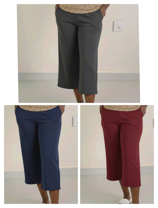 Calf length - Super saver combo pack of 3 Women's Palazzo calf length pant - Maroon, Ash grey, Navy blue