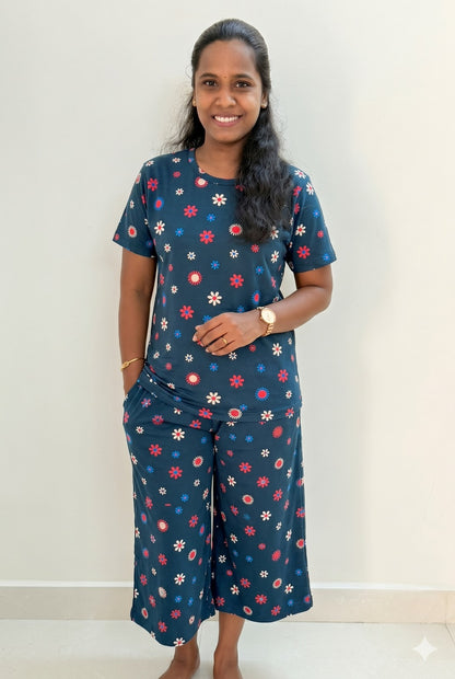 Prebooking** - Premium Women's 3/4 th Palazzo coord set - Green floral palazzo coords