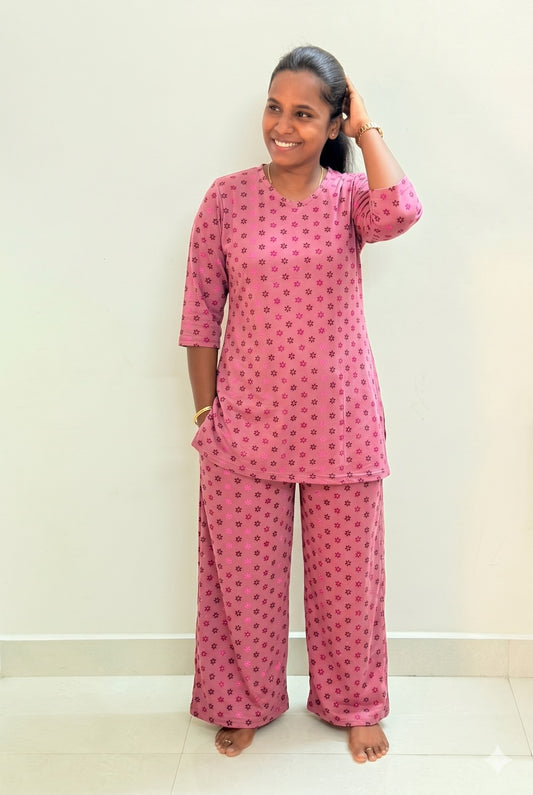Prebooking** - Premium Women's Kurthi night set  - Pink mini pattas kurthi set