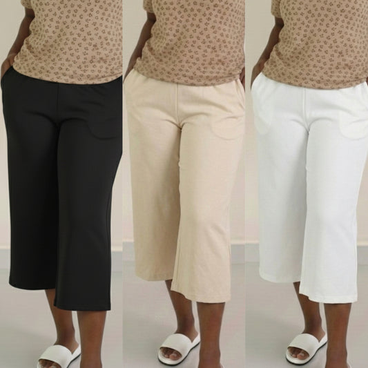 Calf length - Super saver combo pack of 3 Women's Palazzo calf length pant- Black, white, milky skin