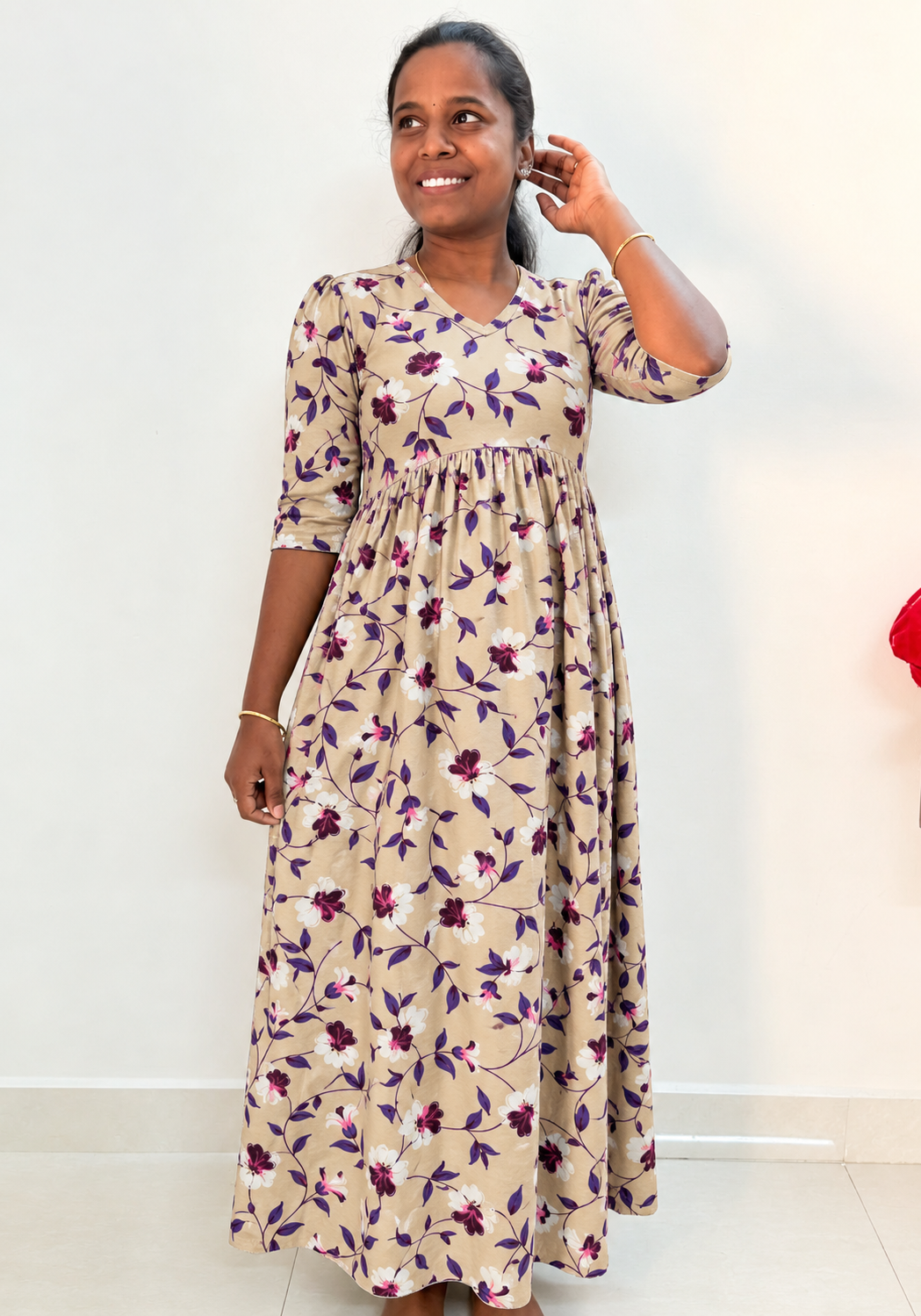 *READY TO DISPATCH * - Premium quality Soft Curvy Non feeding puff peplum maxi- Cream floral peplum maxi
