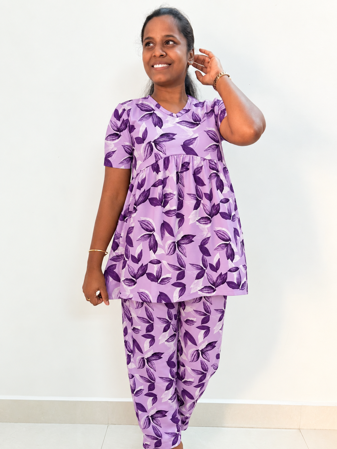 *READY TO DISPATCH* - Premium Women's Curvy peplum coord set - Purp leaves curvy peplum