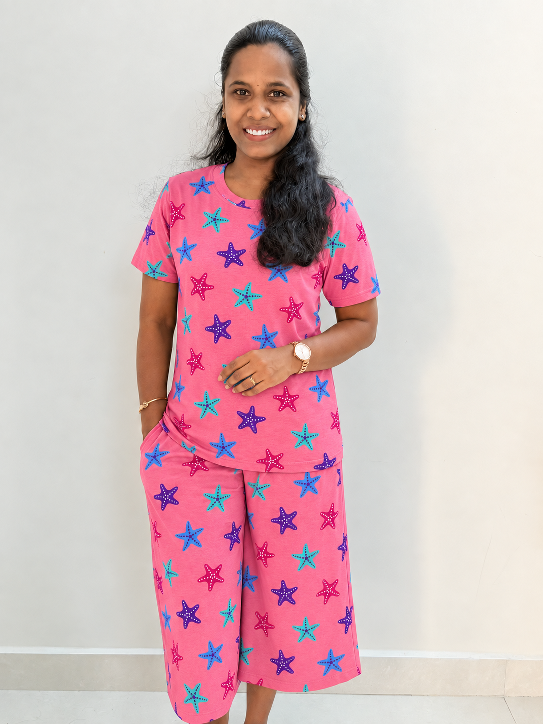 *READY TO DISPATCH* -  Women's 3/4 th Palazzo coord set - Pink star palazzo coords