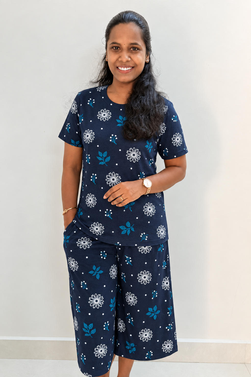 *READY TO DISPATCH* -  Women's 3/4 th Palazzo coord set - Navy sunflower palazzo coords