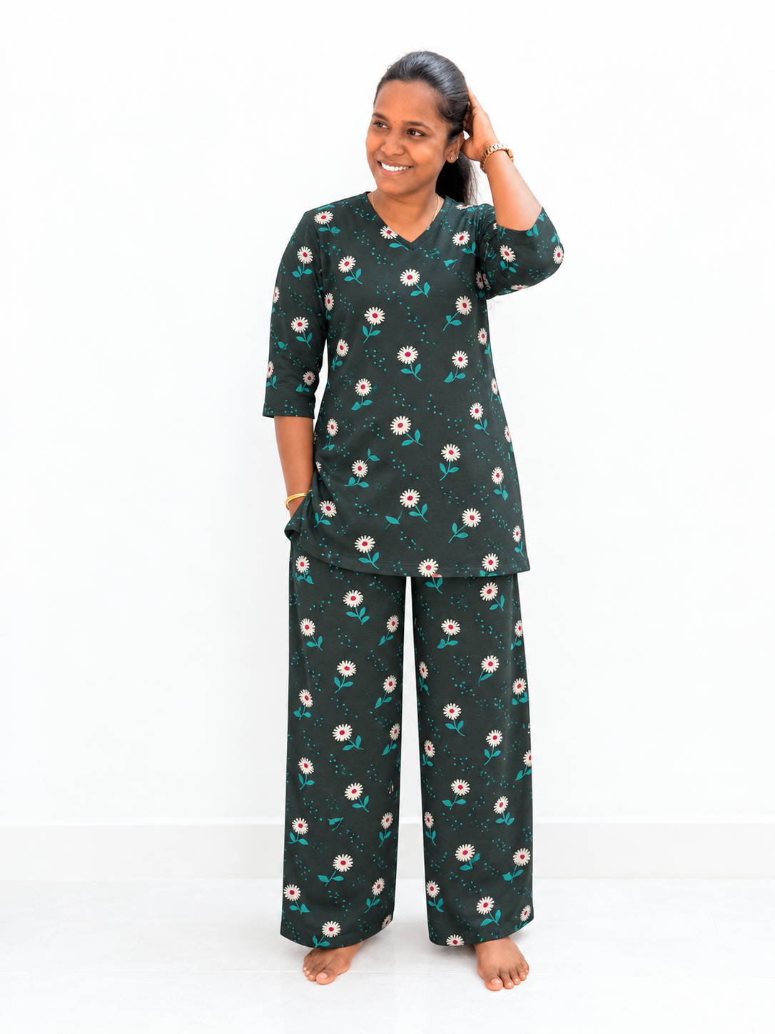 *PREBOOKING* - Premium Quality - Women's Kurthi night set - Greyish green floral Kurthi set