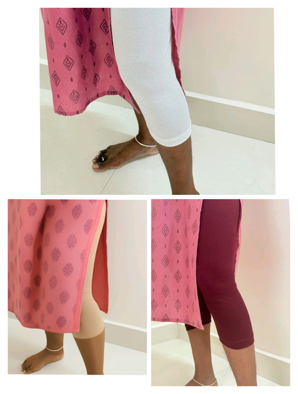 Super saver pack of 3 Calf length leggings - (Skin, Meroon and white )
